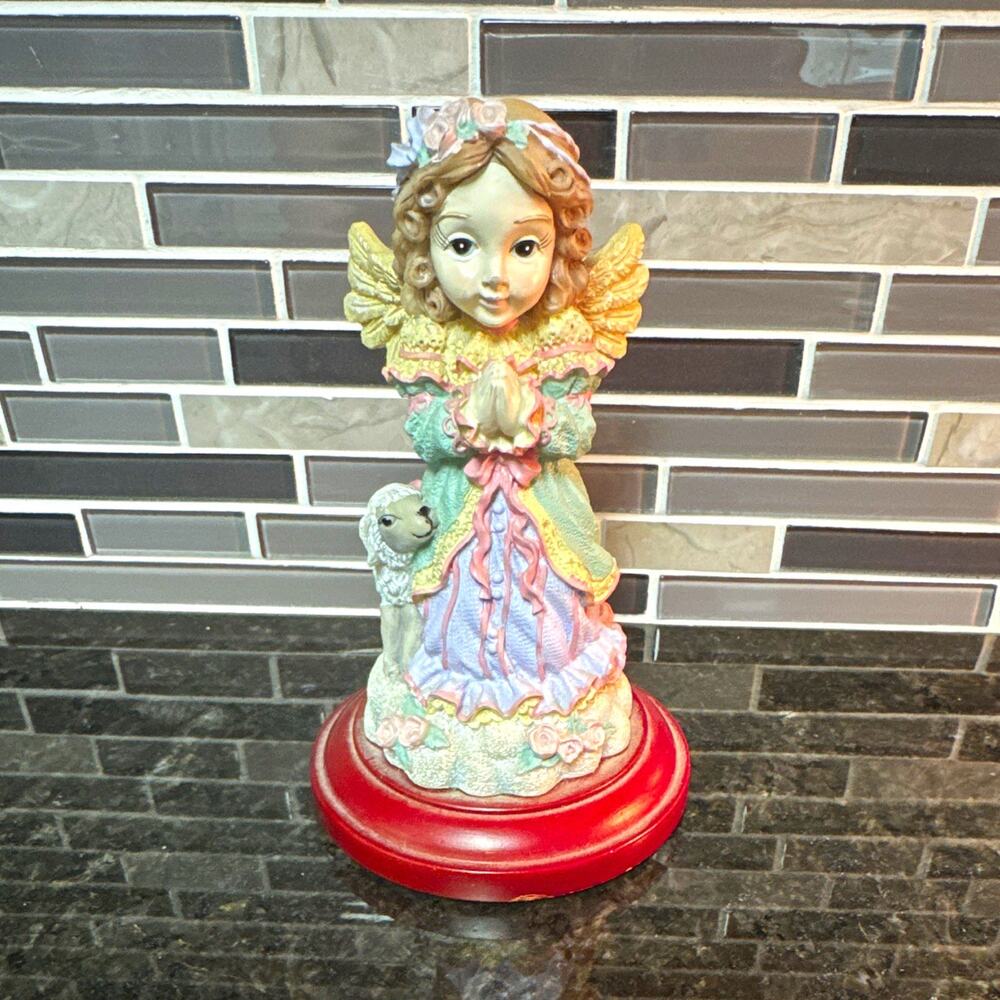 Angel Girl Resin Figurine with Wings, Multicolor Pastel Statue on Red Base